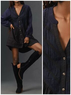 Anthropologie Pilcro Long-Sleeve Button-Front Twofer Mini Dress M Western Rodeo